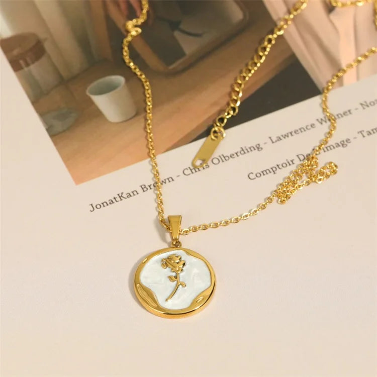 Vintage Elegant Stainless Steel Jewelry Enamel Rose Flower Disc Necklace Women