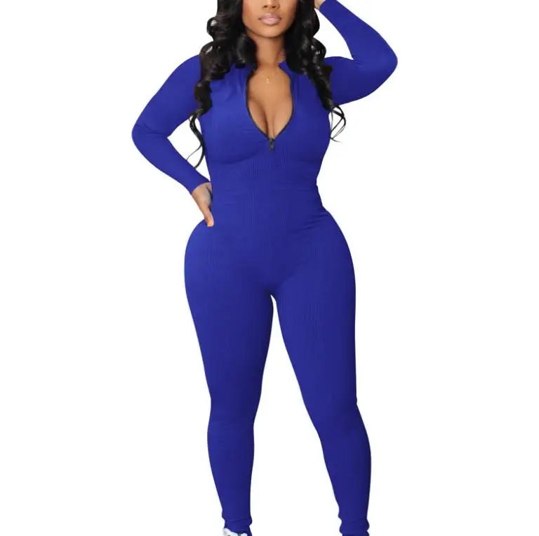 Women High Elasticity Seamless Jumpsuit Fashion Zipper One Piece Jumpsuit Bodycon Long Sleeve Jumpsuit