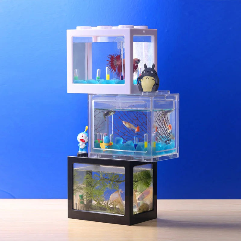 Mini Beta Fish Tank Portable Clear Building Blocks Mini Aquarium Decoration Beta Fish Tank