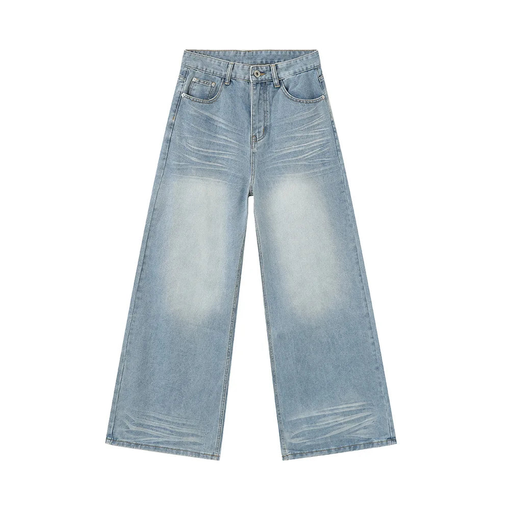 2025 Quality Casual Plain Jeans Straight Cotton Jeans Baggy Sky Blue Jeans