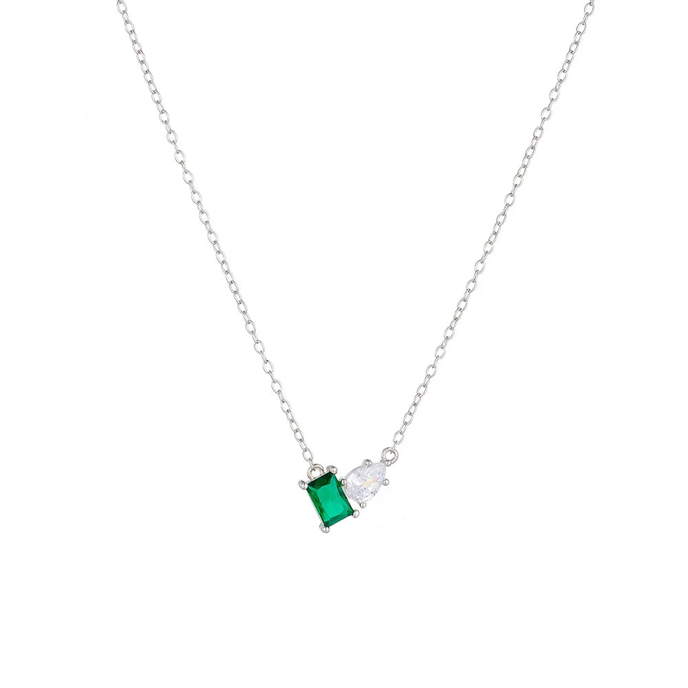 Light Luxury Simple Gemstone Clavicle Chain S925 Sterling Silver Emerald Rectangular Drop Shaped Zircon Pendant Necklace