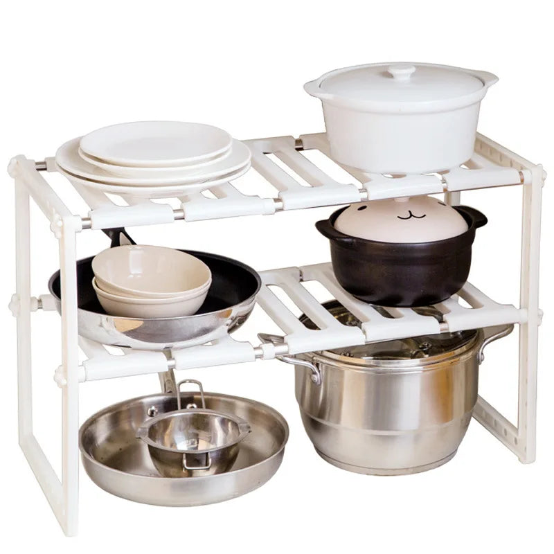 Telescopic Storage Rack with Double Tiers 2-Layer Kitchen Organizer Under Rack Plastic Storage System