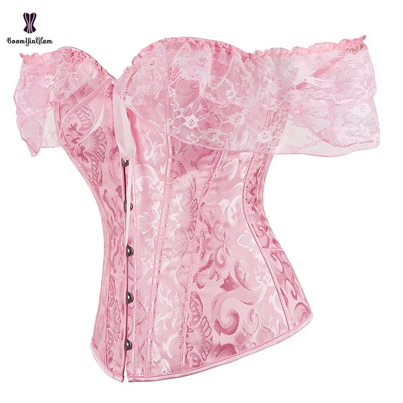 Lace up Boned Corselet Victorian Lingerie Plus Size Front Busk Closure Pink Bustier Corset Top for Busty Women