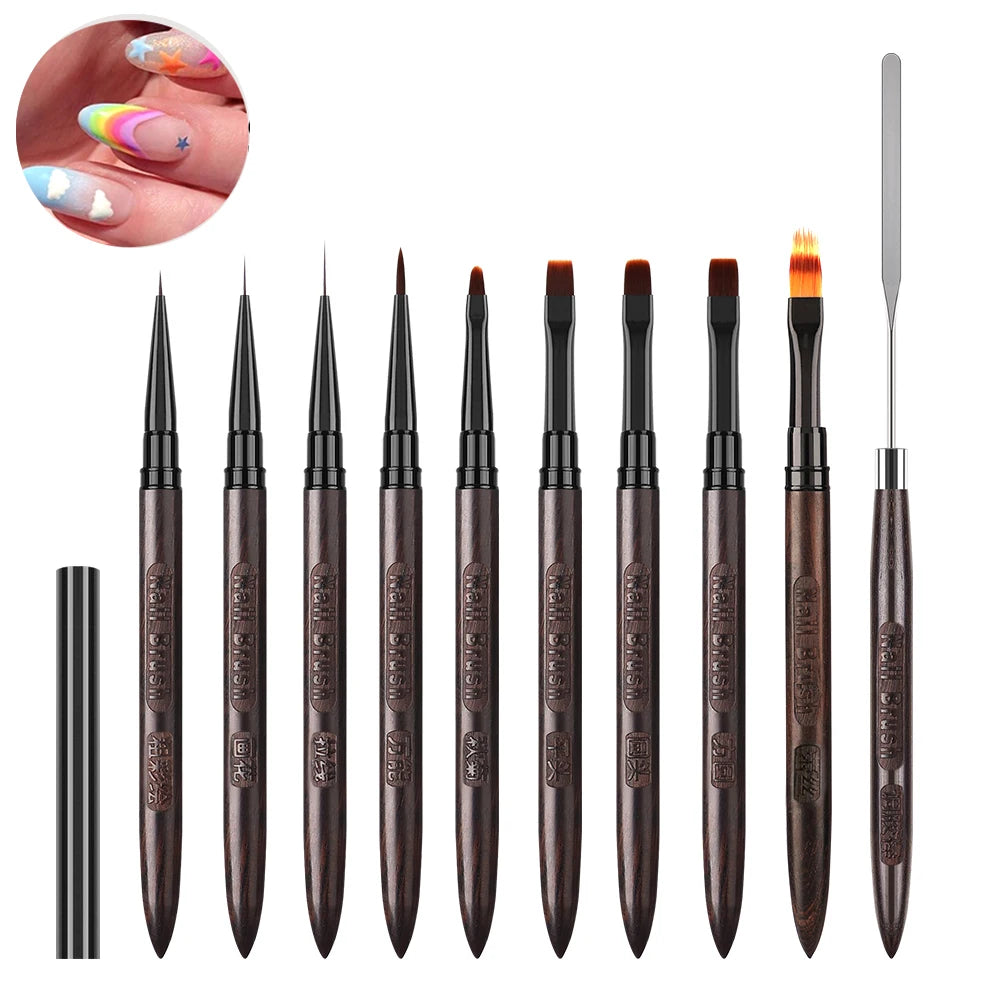 10pcs Nail Art Brush Set Complete Set of Professional Pen Japanese Purple Sandalwood Square Round Light Therapy Pen Sweeping Pen