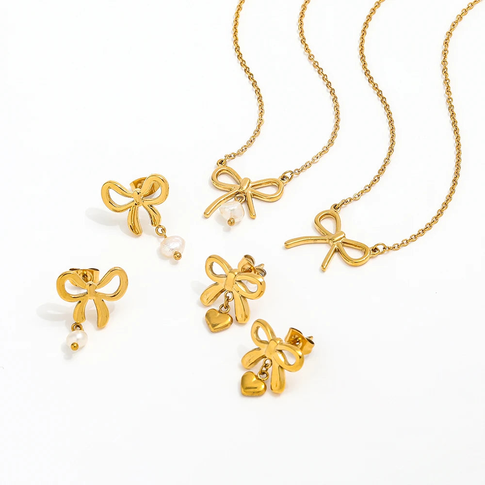 Joolim  2024  Waterproof Gold Plated Dainty  Pearl Butterfly Bow Pendant Bowknot Stainless Steel Ribbon Necklace Earring Set