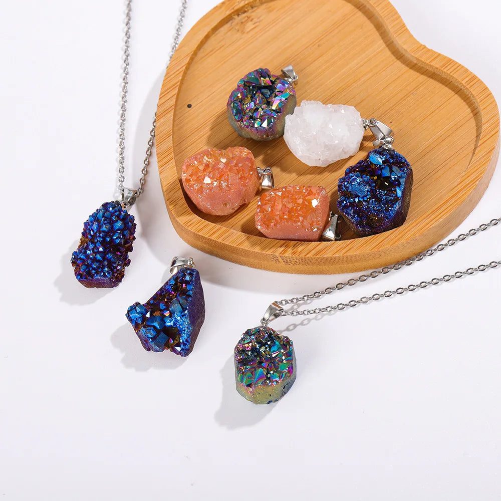 Stainless Steel Chain Crystal Stone Druzy Pendant Necklace Gemstone Natural Stone Necklace for Men Women
