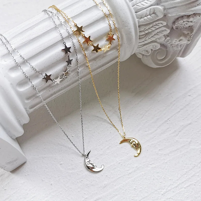 Delicate Jewelry 925 Sterling Silver Double Layer Star Moon Statement Charm Pendant Gold Plated Necklace
