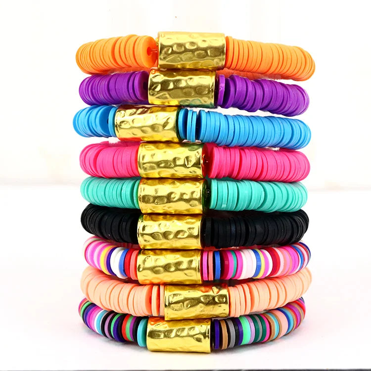 BP1002 Bohemian Gold Hammered Tube Bracelets Elastic Heishi Beaded Vinyl Discs Polymer Clay Disc Beads Fashion Charm Bracelets