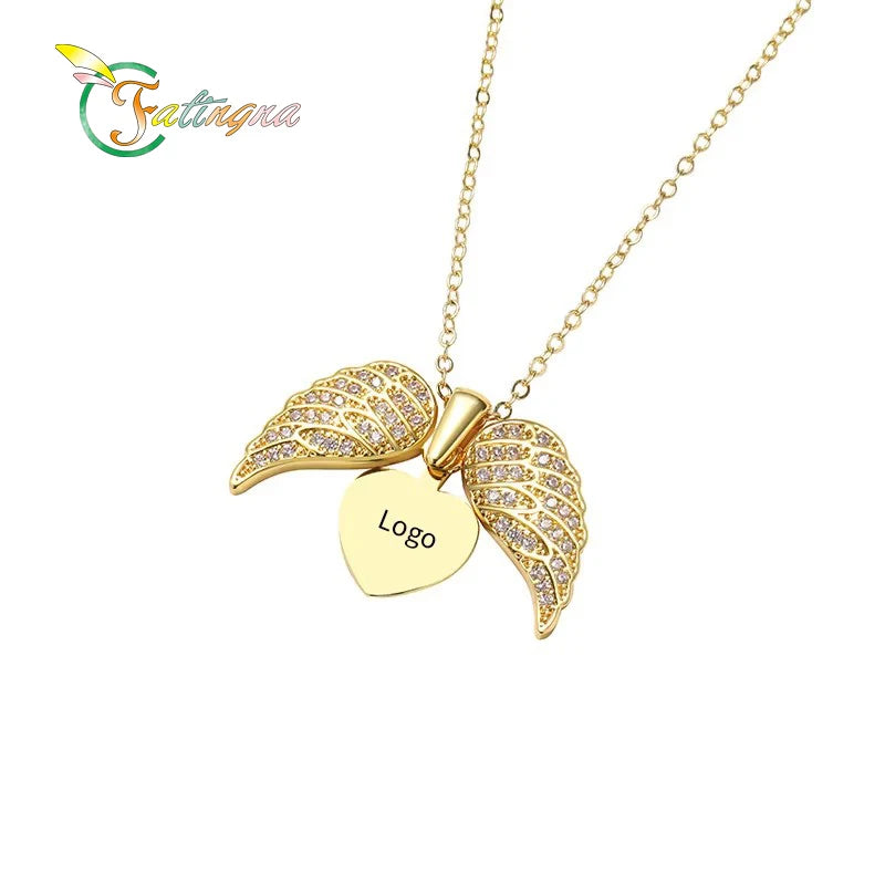 Fatingna Creative Fashion Necklace Full Diamond Wing Zircon Pendant Chains Cross-Shaped Religious Style Stainless Steel Necklace