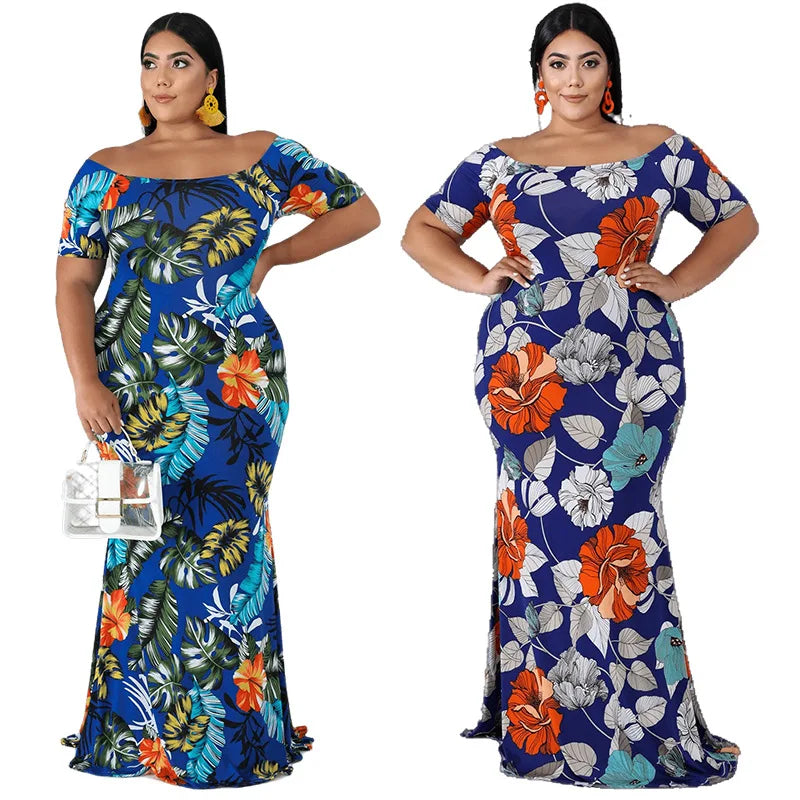 Plus Size Women Clothing 4xl 5xl Floral Layered  Off Shoulder Plus Size Women's Dresses