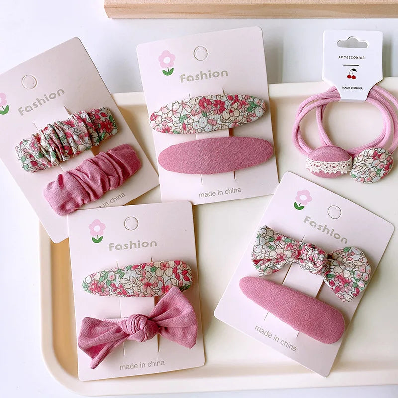 MIO New 2pcs/sets pink Fabric Flower Hair Accessories Sweet Girls Bow Hair Clip Lace Hair Ties Set Elastic Wrinkle Headband