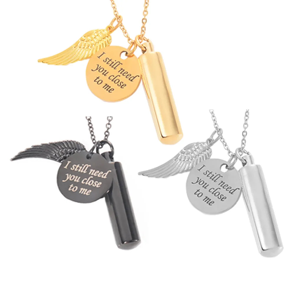 Stainless Steel Cylinder Cremation Urn Necklace with Angel Wing Zircon Remembrance Jewelry & Pendant Memorial Keepsake for Ashes