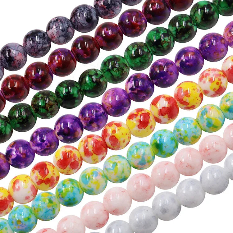GP0932  Unique Multicolored Colored Veined Mottled Opaque Glass Round Jewelry Beads