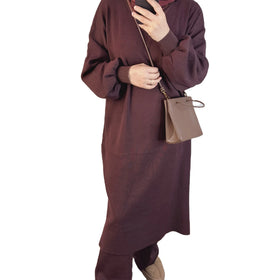 New Muslim Suit Women Knitted Sweater Wide-Legged Pants 2 Piece Set Islam Modest Clothes