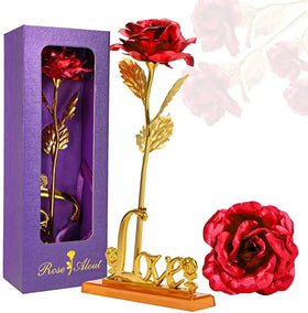 24K Red Rose Plastic Long Stem Rose Dipped in Gold With Gift Box Best Gift for Valentine Mother's Day Anniversary