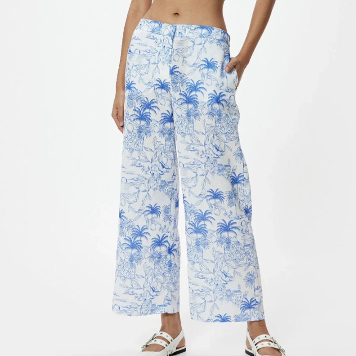 Enyami Women Summer Beach Vacation Pants High Waisted Wide Leg Pants Printed Loose Flowy Casual Palazzo Lounge Trousers