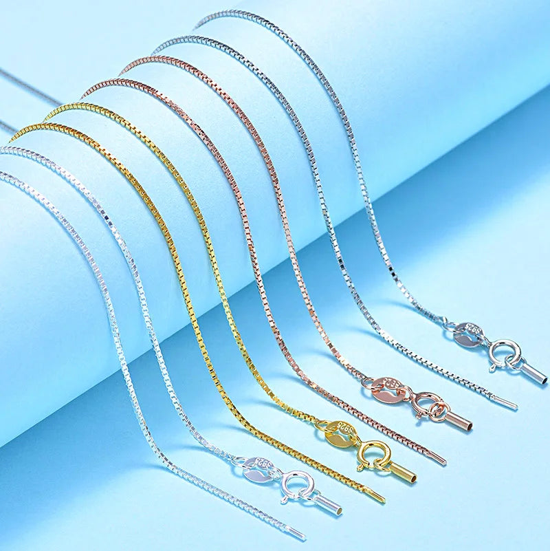 925 Sterling Silver Box Chain 1mm Width Silver Platinum Rose Gold 18 Inches Box Chains DIY Necklace Jewelry
