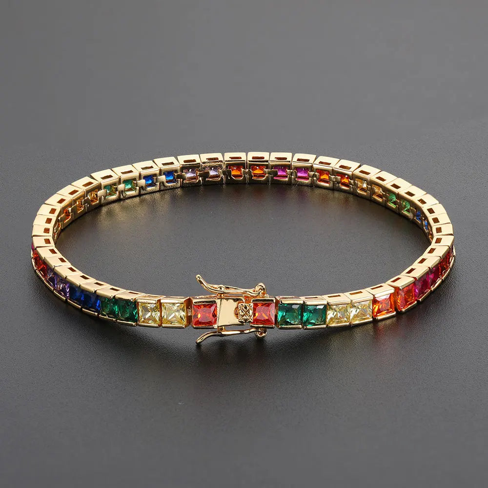 18K Gold Crystal Cz Cubic Zirconia Rainbow Colorful Diamond Chain Women Tennis Bracelets