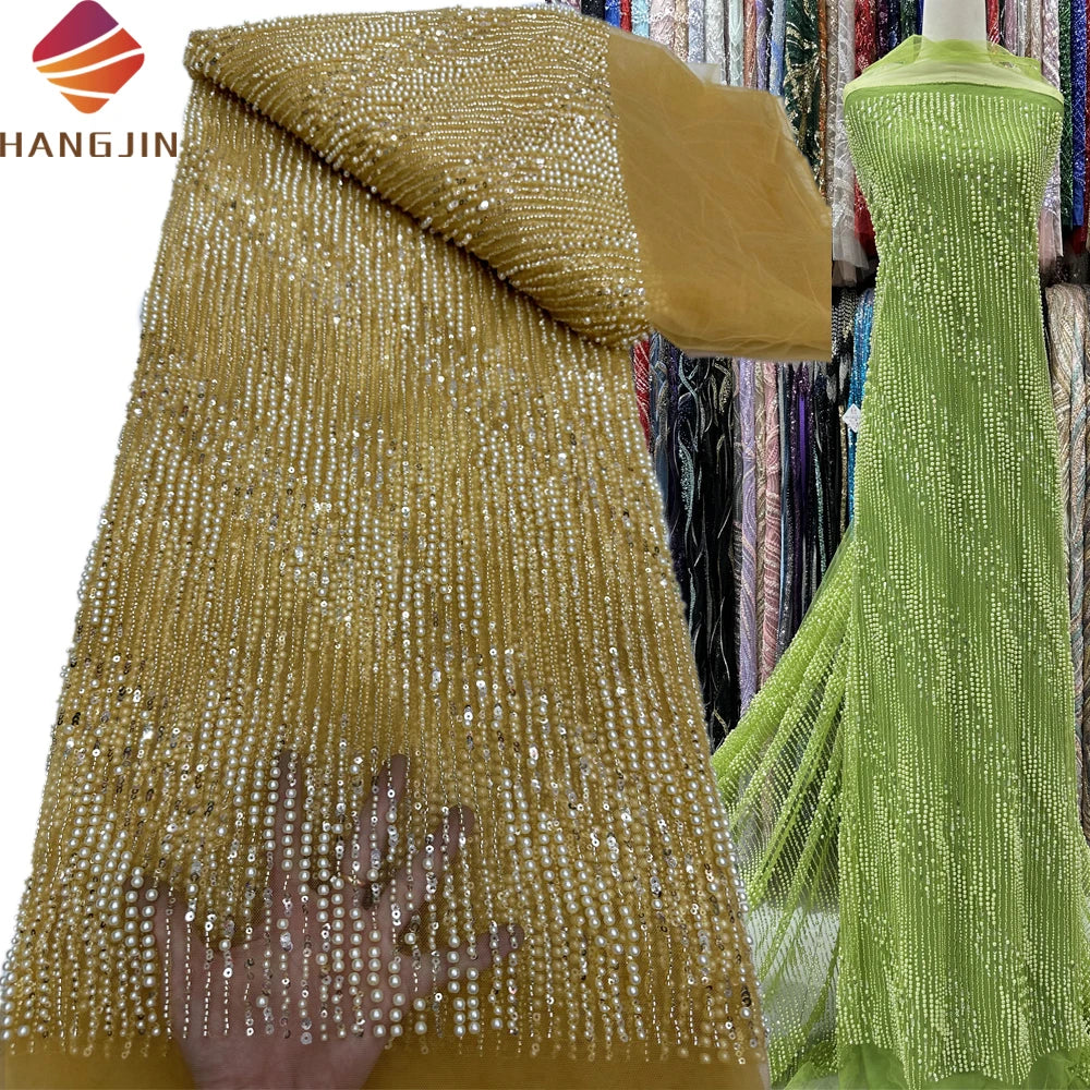 Luxurious 5 Yards Heavy Sequins French Net Lace Tulle Fabric Pearls Embroidered Beaded Mesh Lace Fabrics for Weddings Dresses MegaBDM