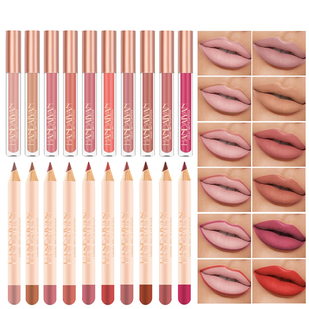 HANDAIYAN Matte Lip Gloss Liner Kit Tint Liquid Lipstick Lipliner Pencil Set Waterproof Lipgloss Long Lasting Makeup Cosmetics