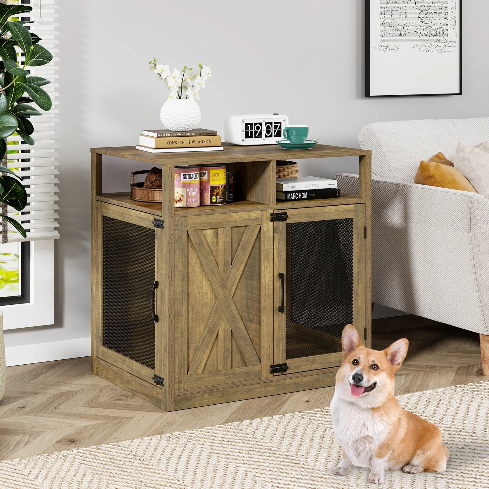 Large Side Table Nightstand Pet Kennel End Table Dog Cage Furniture Dog Crate for Medium Dogs