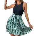 S-3XL Summer New Women's Sleeveless Printed Vest Dress Elegant Print Lace-up Dress Summer Women Round Neck Pleated