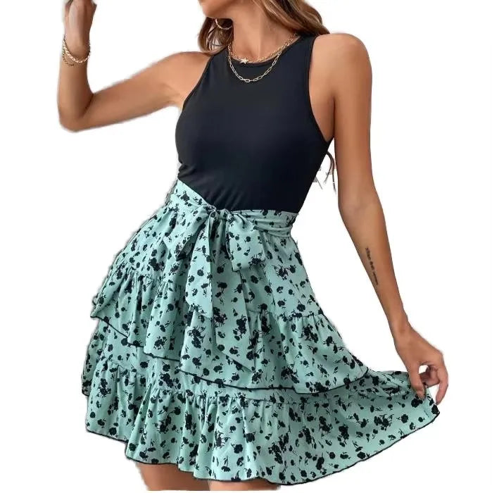 S-3XL Summer New Women's Sleeveless Printed Vest Dress Elegant Print Lace-up Dress Summer Women Round Neck Pleated