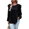 RNSHANGER New Women's Pullover Round Neck T Shirts Casual Solid Color Ruffle Long Sleeve Tee Elegant Underlay Fashion T-shirts