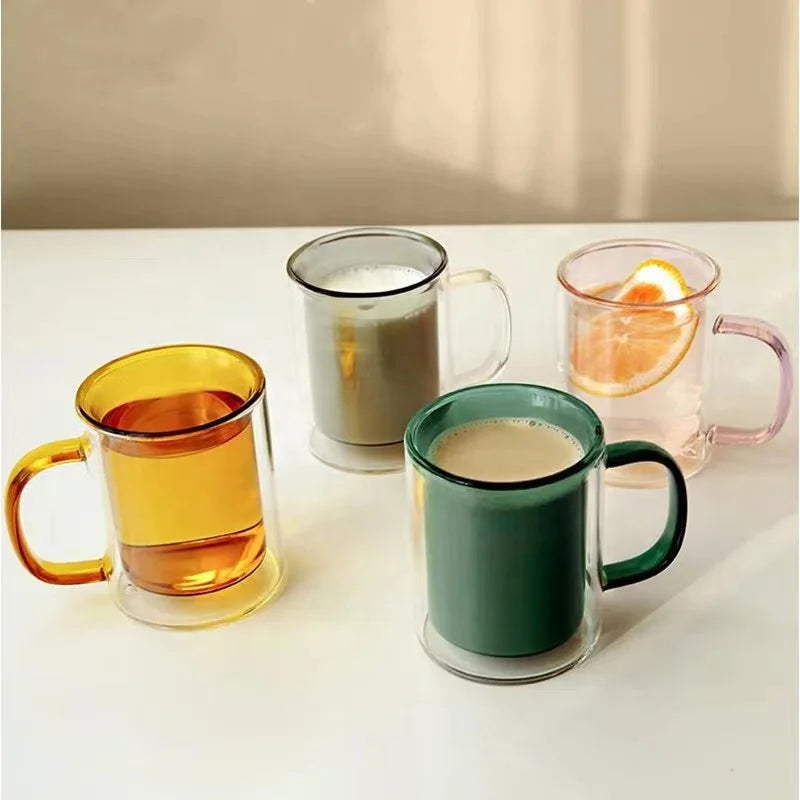 Double Wall Insulated Colored Coffee Mug Handcrafted High Borosilicate Glass Tea Cups for Milk Juice Coffee Macchiato