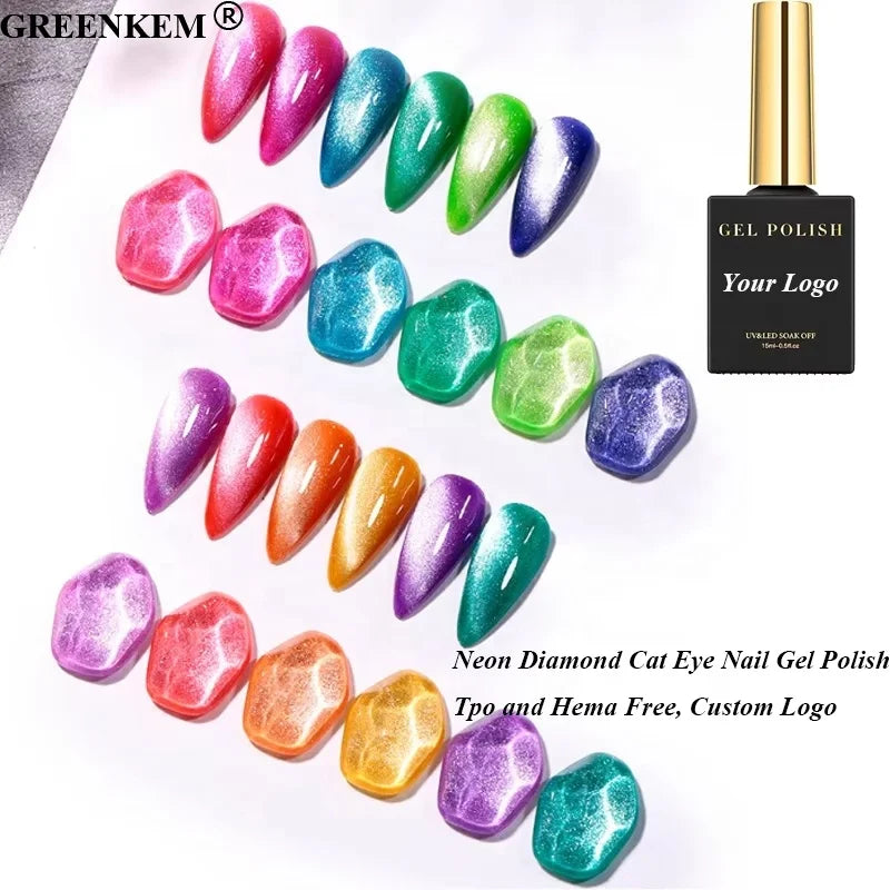 12 Colors Neon Diamond Cat Eye Nail Gel Polish UV Nail Art Gel Custom Private Label 15ml Cat Eye Gel Nail Polish