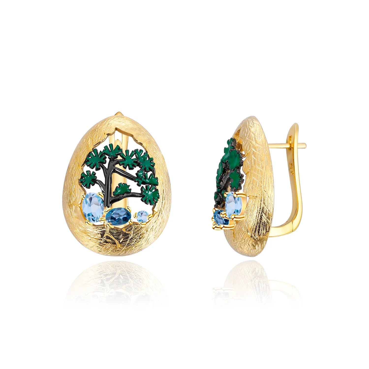 Abiding Wholesale Natural Blue Topaz Handcrafted Earring Gold Plated 925 Sterling Silver English Lock Earring Women Jewelry