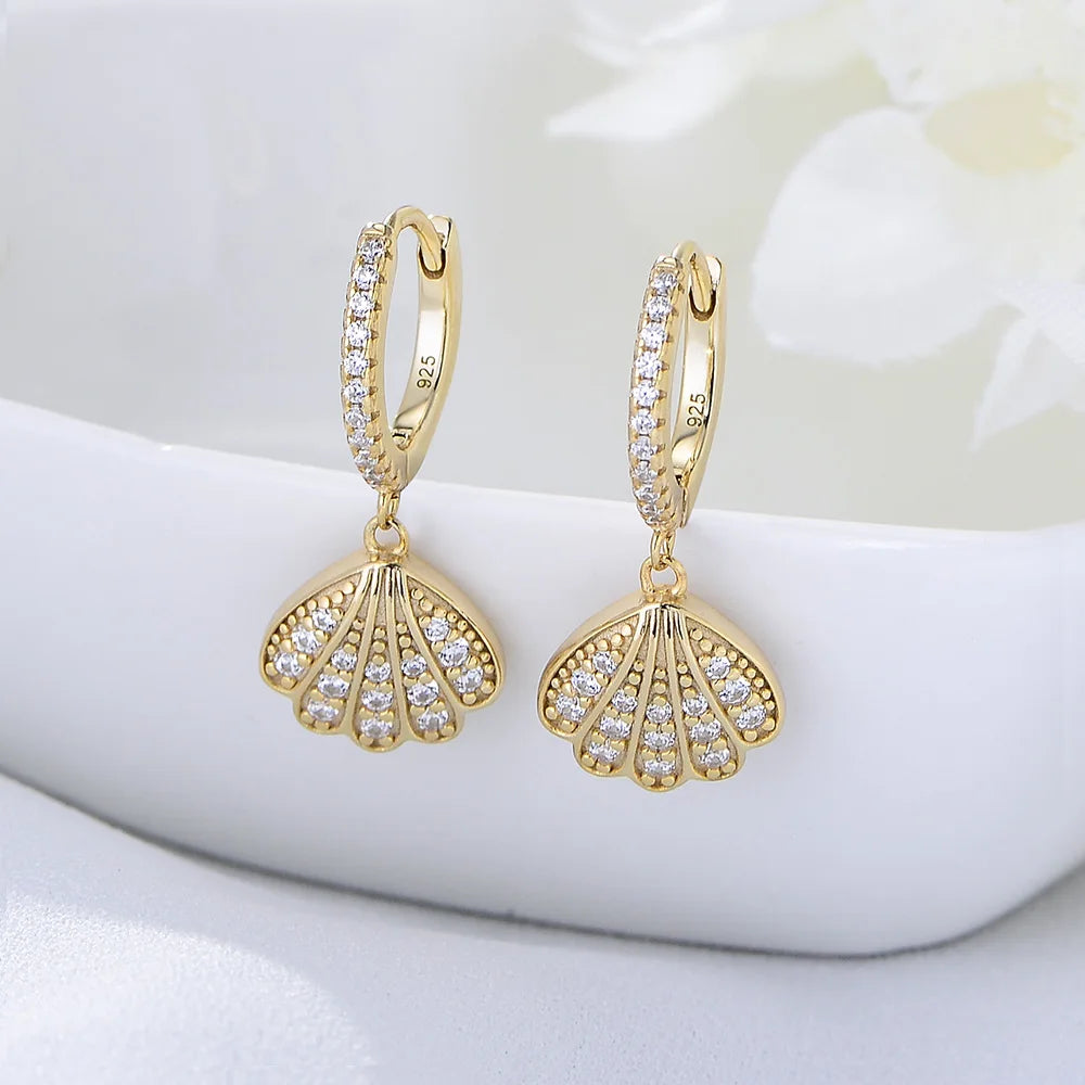 Fashion Cute Mini  Seashells Jewelry Psj 925 Sterling Silver 14k Gold Plated Bling Cubic Zircon Huggies Earrings for Kids Girls