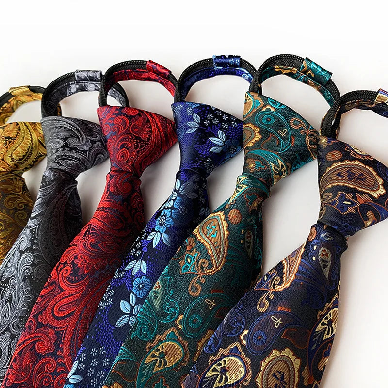 Paisley Men Zip Ties Easy to Wear Zipper Necktie for Men Gold 8cm Zip Tie for Wedding Party