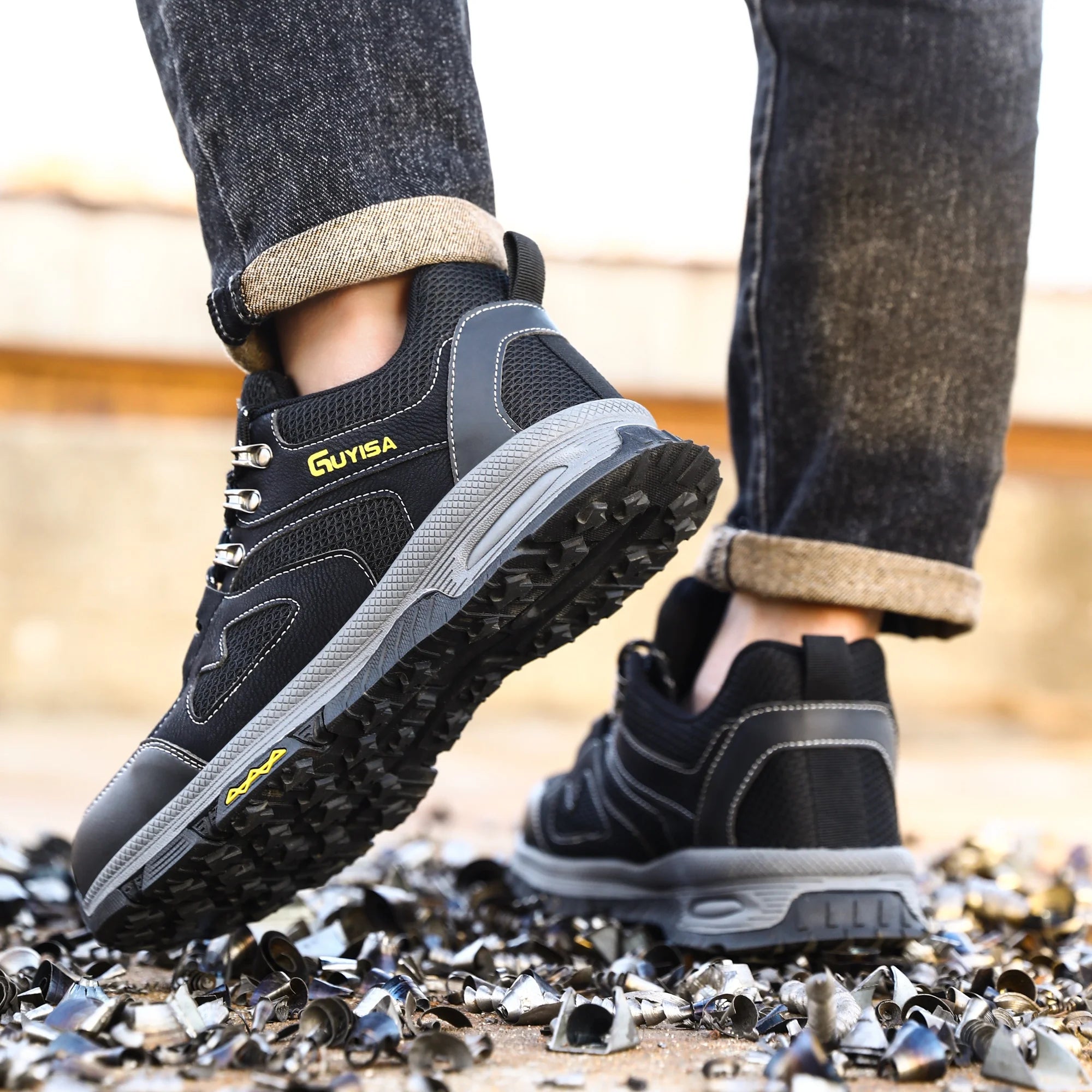 GUYISA Hiking Steel Toe Safety Shoes Non -slip Rubber Bottom Safety Shoes Men