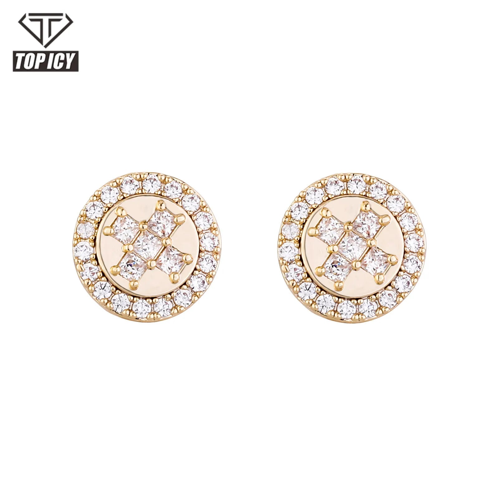 Top Icy Hip Hop Jewelry Round with Cross  Stud Iced Out Diamond Stud Earring Cubic Zircon Stud for Women
