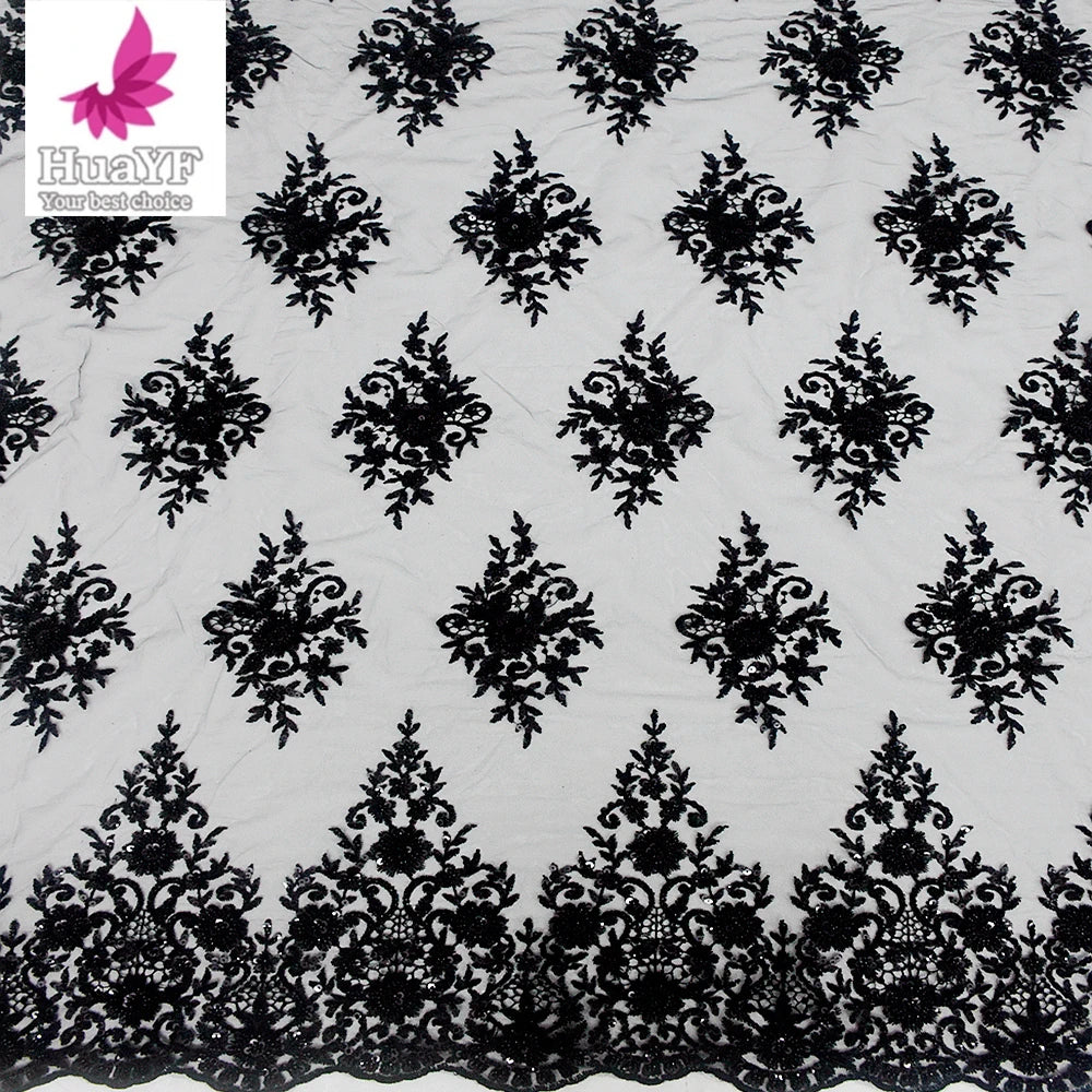 Black Elegant Symmetrical Luxury Beading 3d Sequin Floral Evening Dress Applique Lace Fabric Factory Wholesale HY2495