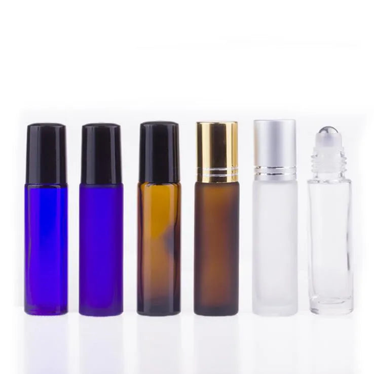 In Stock 10ml Frost Clear/amber/blue Glass Roll on Bottle With Black/silver/gold Cap for Essential Oil/perfume