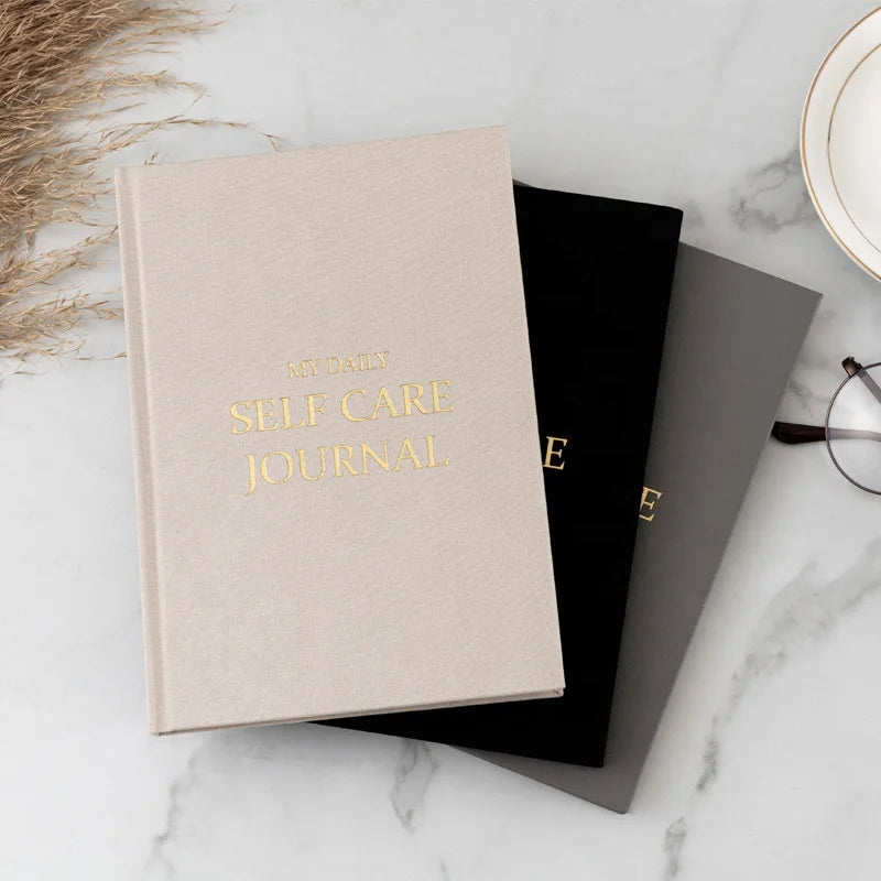 Custom Gold Edge Cream Linen Fabric Gratitude Journal Silk Ribbon Writing Eco Notebook A5 Selfcare Journal English Version Diary