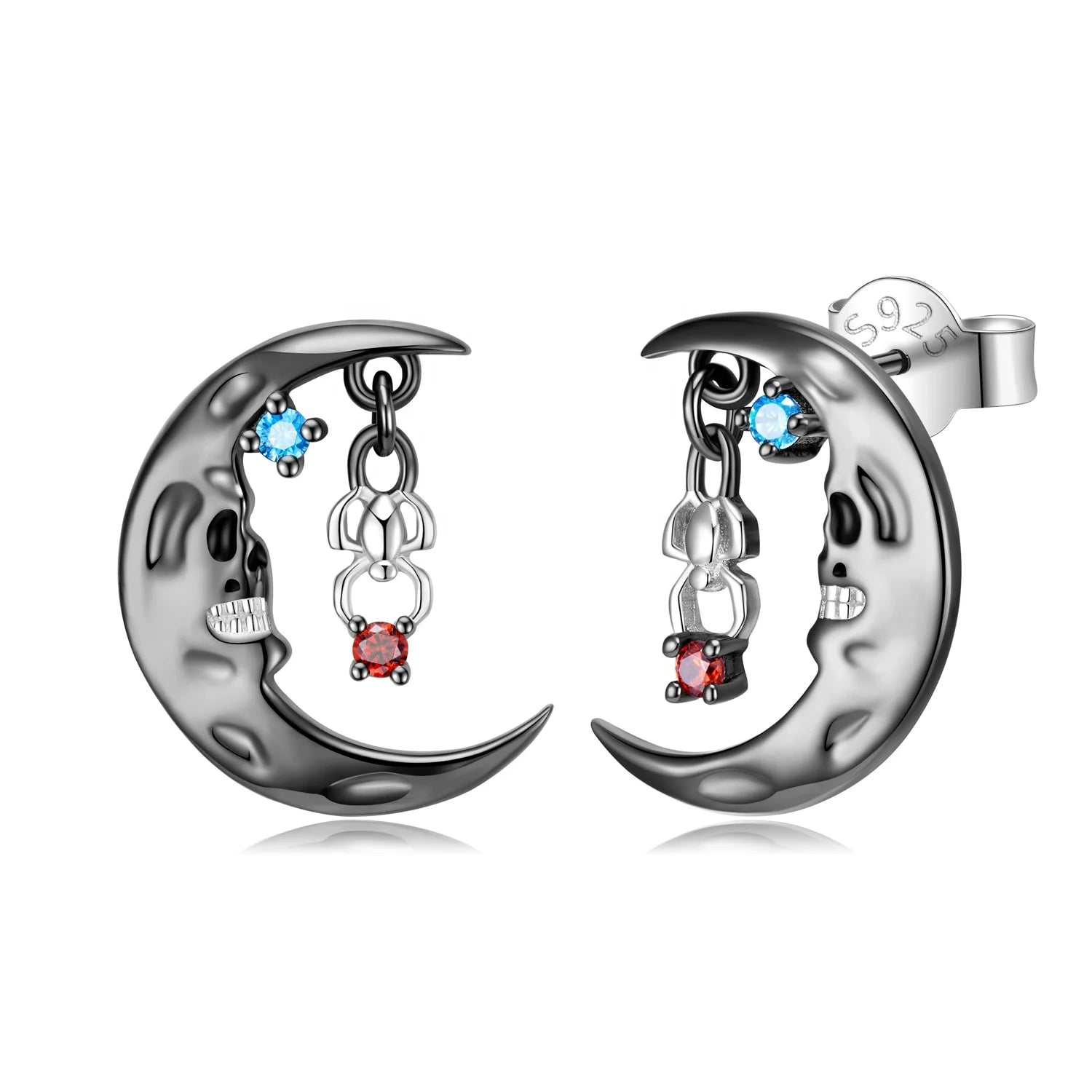 Moon Skull and Spider Stud Earrings Real 925 Sterling Silver Earrings or Women Fashion Design Ear Pin Studs Fine Jewelry