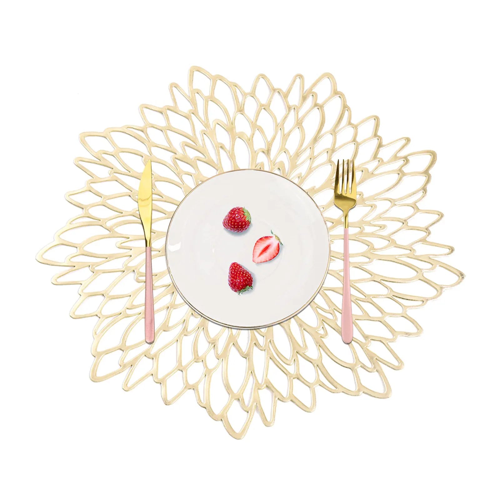 Table Decor Hollow Out Metallic Gold Charger Placemats Vinyl Woven Leaf PVC Plates Mats for Holiday Wedding Reception