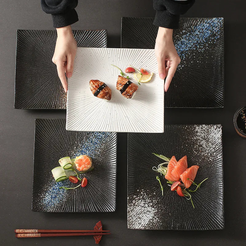 Japanese Cuisine Sushi Flat Plate Retro Striped 9/10Inch Ceramic square Plate Steak Salad Dinnerware  Pasta Plate for Restaurant