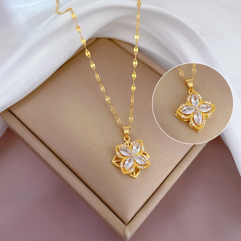 Luxury Elegant Revolving Delicate Flower Pinwheel Titanium Steel Necklace Revolving Calm Worry Meditation Necklace Jewelry