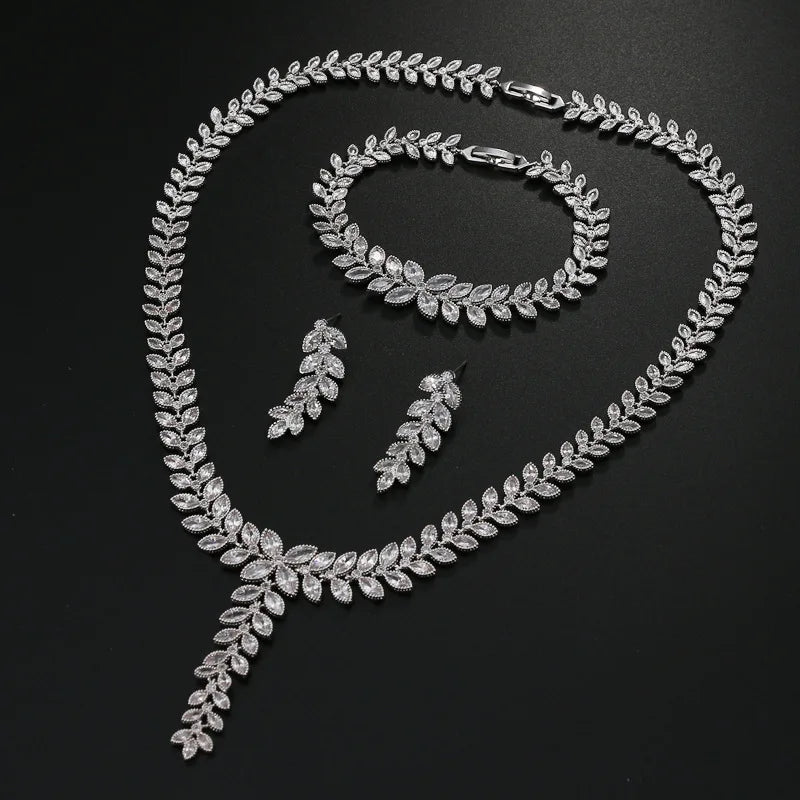 New Tiktok Trendy Zircon Earring Necklace Bracelet Set Wedding Jewelry Shiny Leaf Bridal Jewelry Sets for Women Girls