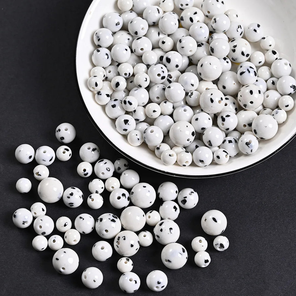 Natural Stone 6/8/10mm White with Black Dots Gemstone Round Loose Beads for Diy Bracelet Jewelry Making