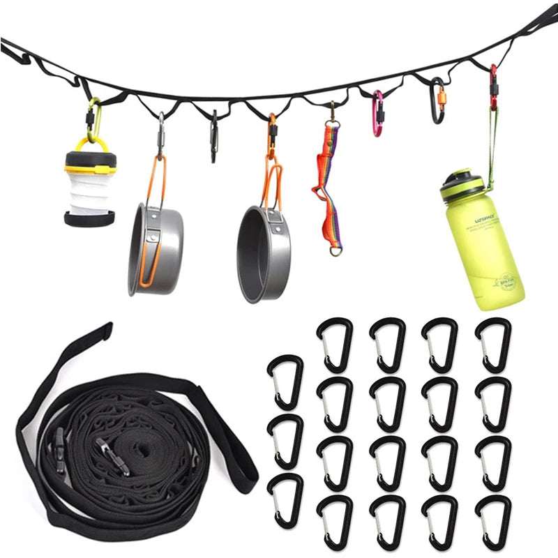 Nylon Campsite Garden Storage Strap with 19 Hooks Vertical & Horizontal Organizer for Hanging Camping Gear From Trees & Walls