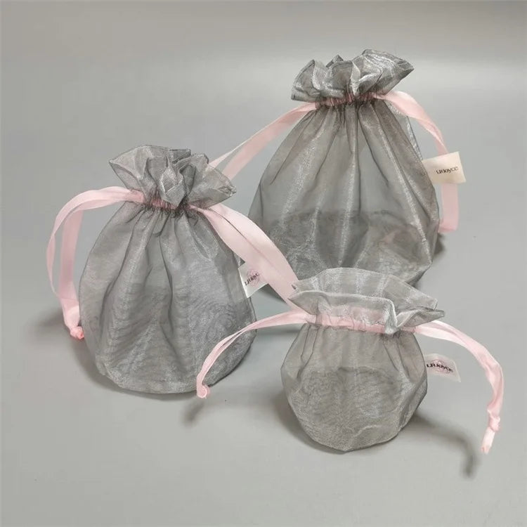 Personalized Size Poly Organza Gift Pouch with Satin Ribbon Drawstring Gray Round Bottom