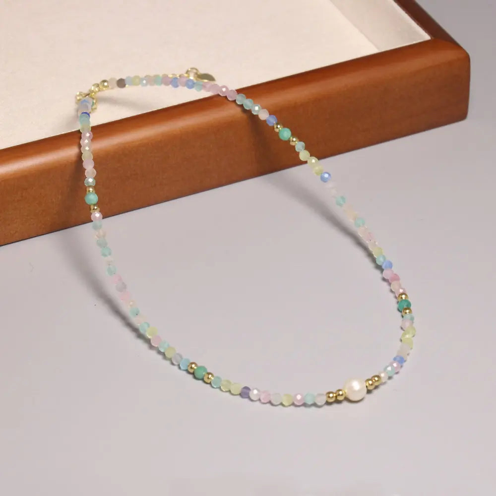 Classic Natural Stone Necklace Dainty Faceted Morganite Beaded Clavicle Necklace Baroque Pearl Beads Choker for Women Girls Gift