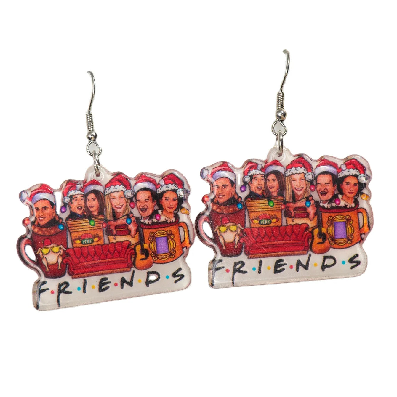 Wholesale Christmas Friends Funny Sofa Teacup Christmas Hat Custom Acrylic Earrings Fashion Drop Earrings for Party Guitar