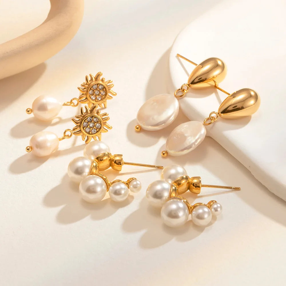 Sunflower Shape Inlaid Zircon Pearl Drop  Earrings Stainless Steel Gold Plated Stud Earrings Jewelry for Wedding Gifts