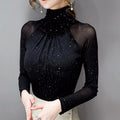 Korean Fashion Women Mesh Top Quanzhou Zichen High Neck Sexy Black Bottoming T Shirt Casual Bright Silk Lady Shirt Blusa